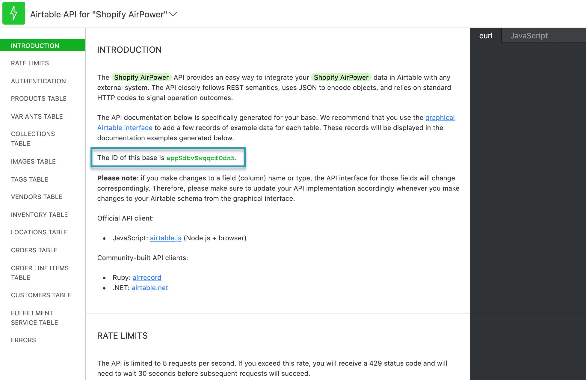 Airtable API Introduction page with the Shopify AirPower base ID highlighted