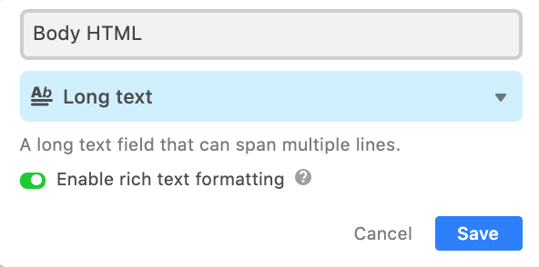 Airtable field settings for Body HTML with Long text selected and Enable rich text formatting switched on
