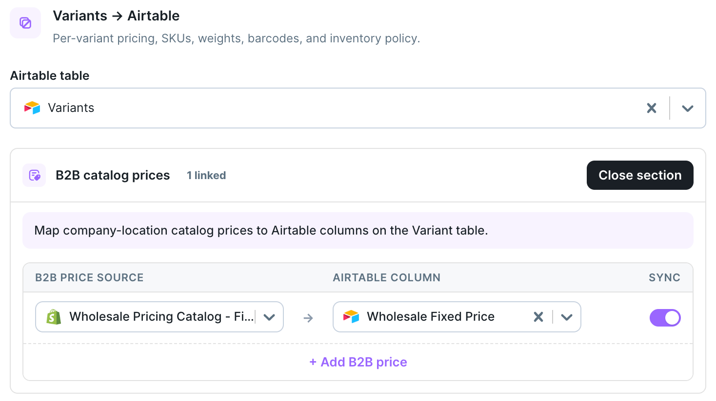 B2B catalog prices pane on the Variants table mapping a Shopify B2B price source to an Airtable column