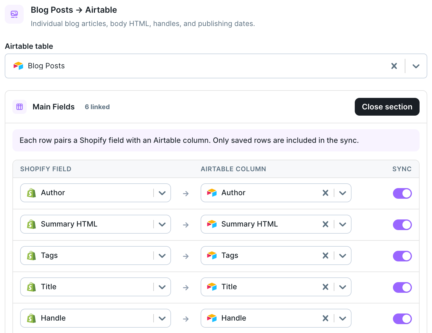 Blog Posts Main Fields mapping pairing Shopify blog post fields with Airtable columns