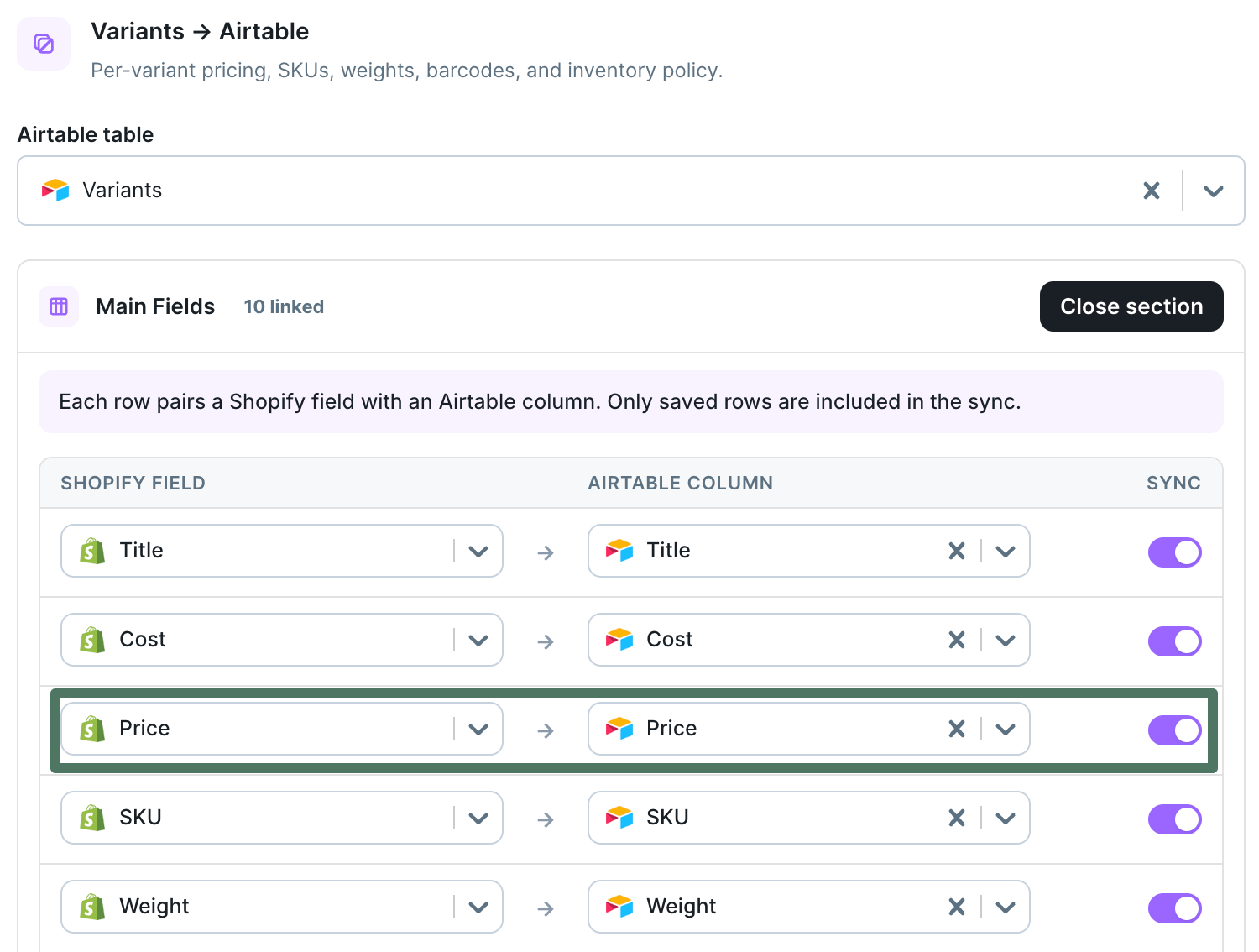 Variants to Airtable Main Fields mapping with the Shopify Price field mapped to the Airtable Price column