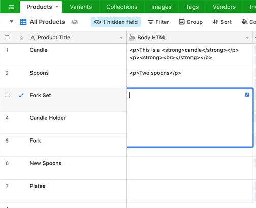 Airtable Products grid with the Body HTML column selected and HTML description values in rows above