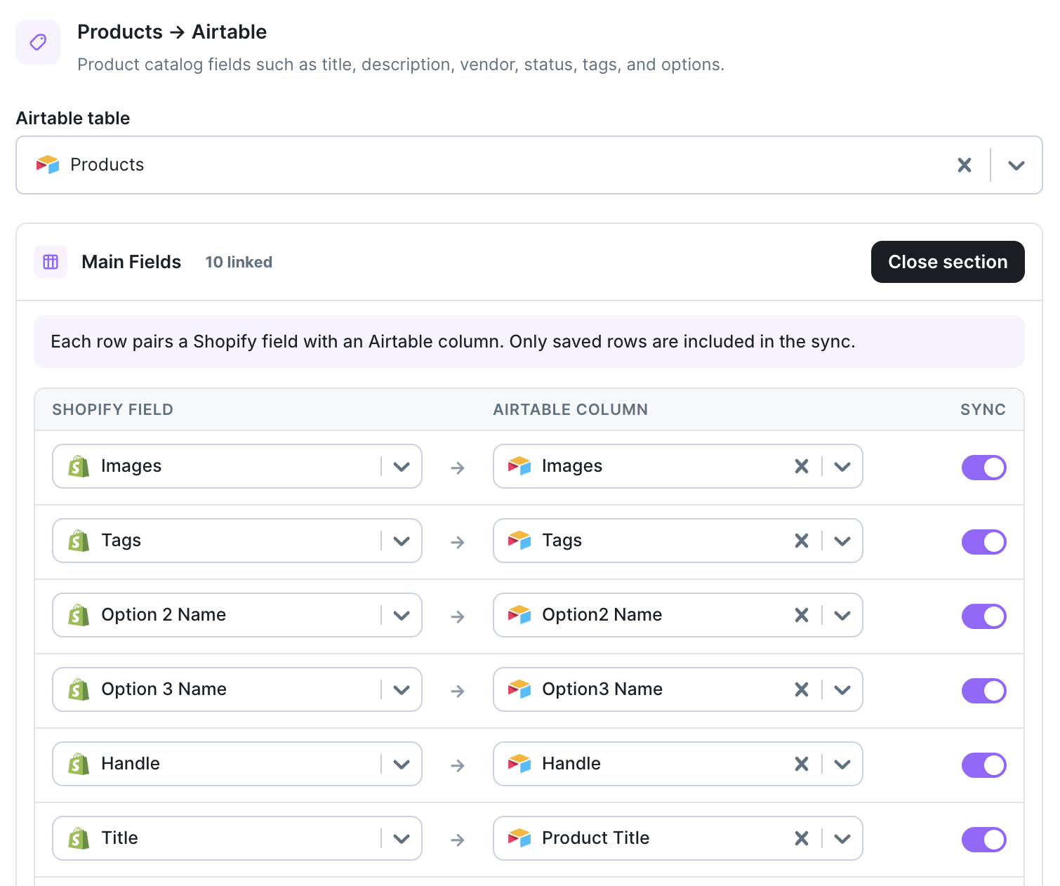 Data and fields section showing a Products Main Fields pane pairing Shopify fields with Airtable columns