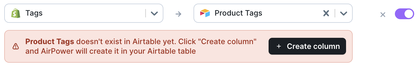 Field mapping row showing a missing Airtable column warning with a Create column button