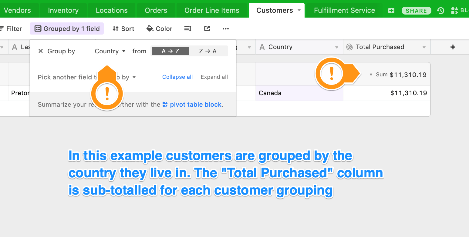 Airtable Customers grid grouped by Country with Total Purchased summarized for Canada at $11,310.19