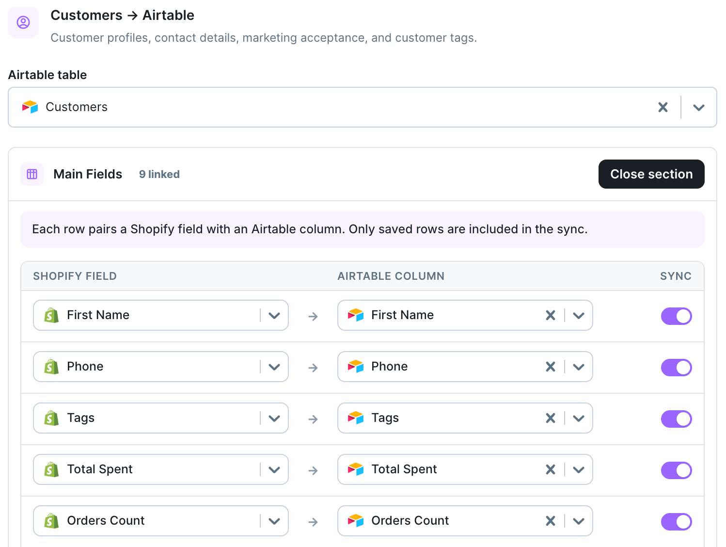Customers Main Fields mapping pairing Shopify customer fields with Airtable columns