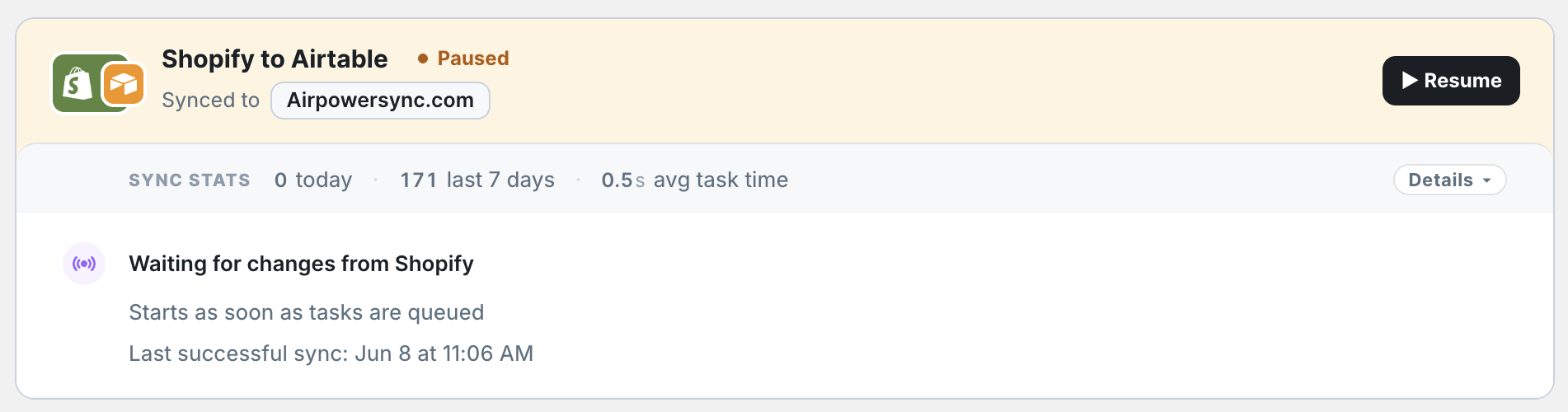 Paused dashboard sync card showing the Paused badge and Resume button