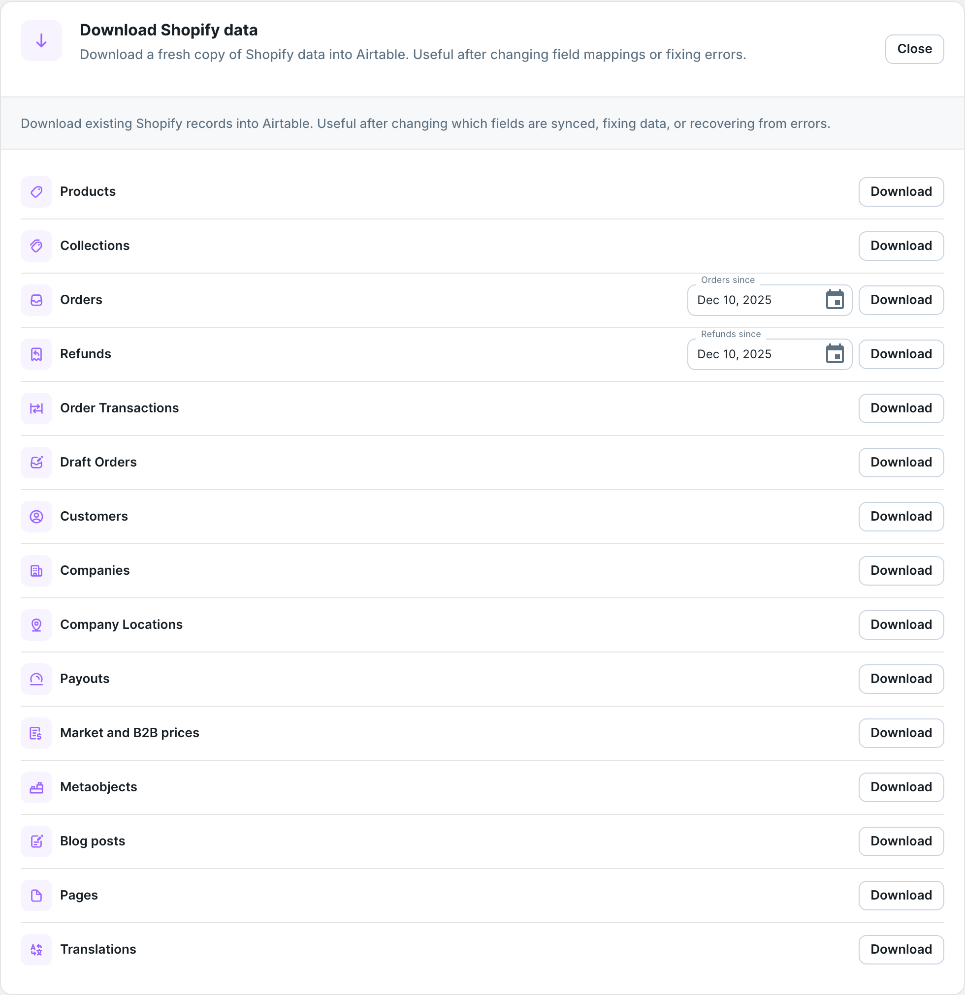 Download Shopify data section listing each Shopify data type with a Download button and date pickers for Orders and Refunds