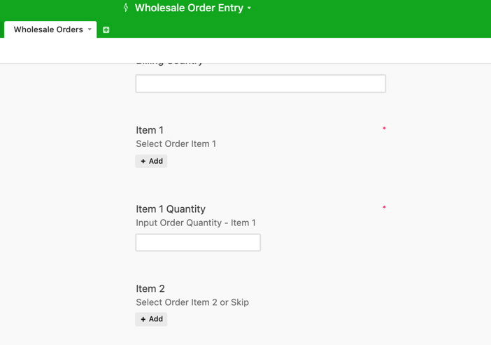 Airtable Wholesale Orders form showing Item 1, Item 1 Quantity, and Item 2 fields