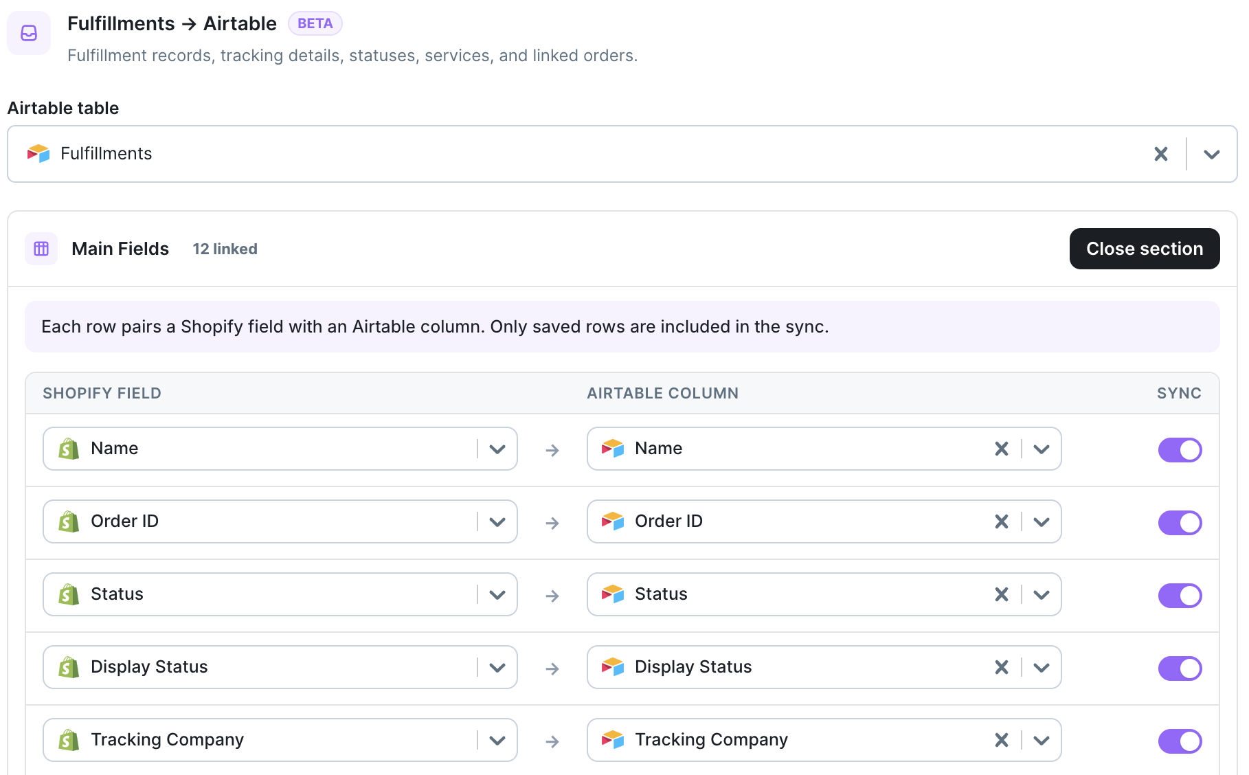 Fulfillments main fields pane mapping Shopify fulfillment fields to Airtable columns