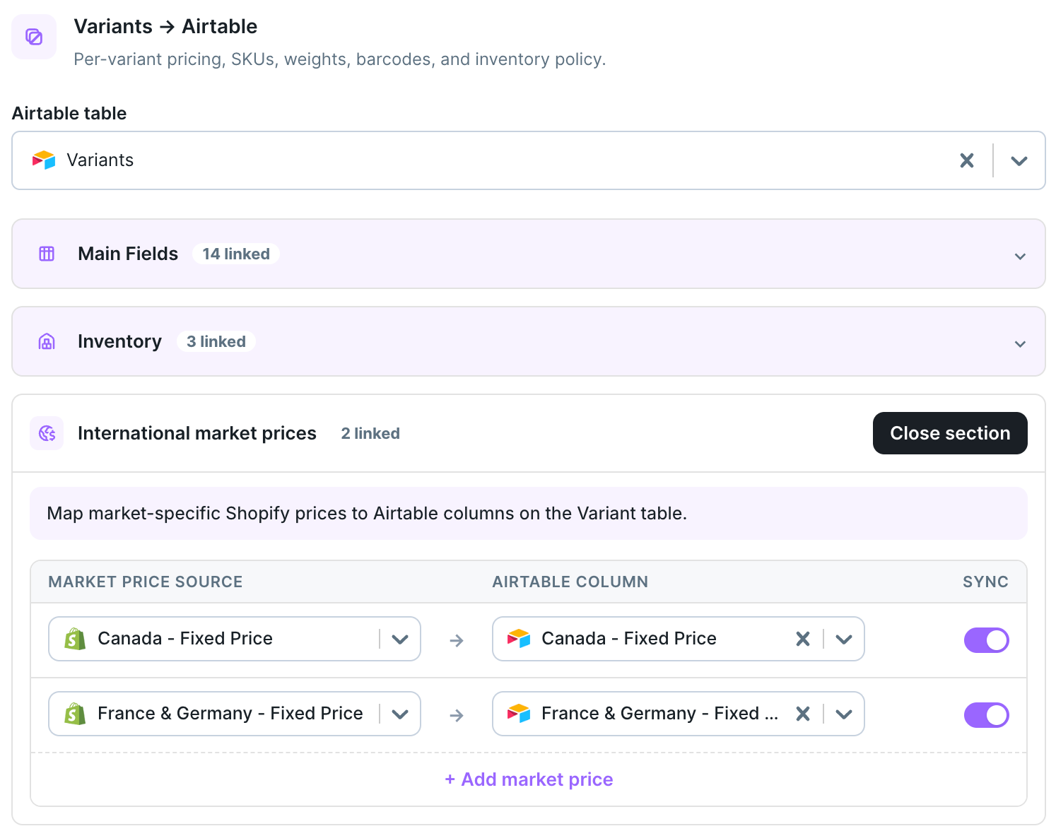 International market prices pane on the Variants table mapping market-specific Shopify prices to Airtable columns
