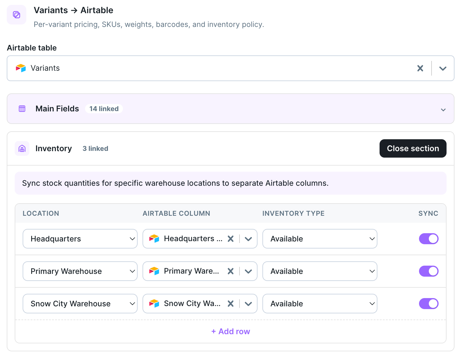 Inventory pane on the Variants table mapping Shopify locations to Airtable columns with an inventory type per row