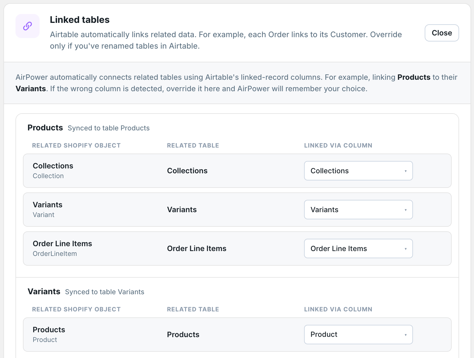 Linked tables settings panel listing related Shopify objects, related tables, and the linked via column dropdown for each relationship