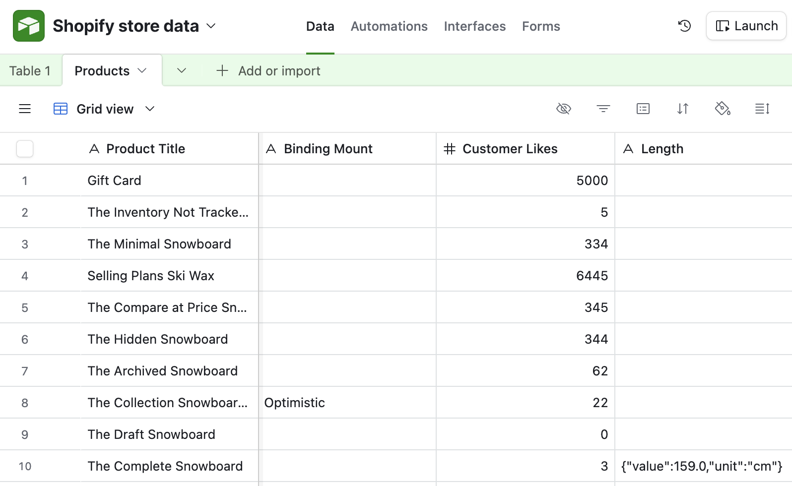 Metafield values mapped to Airtable columns
