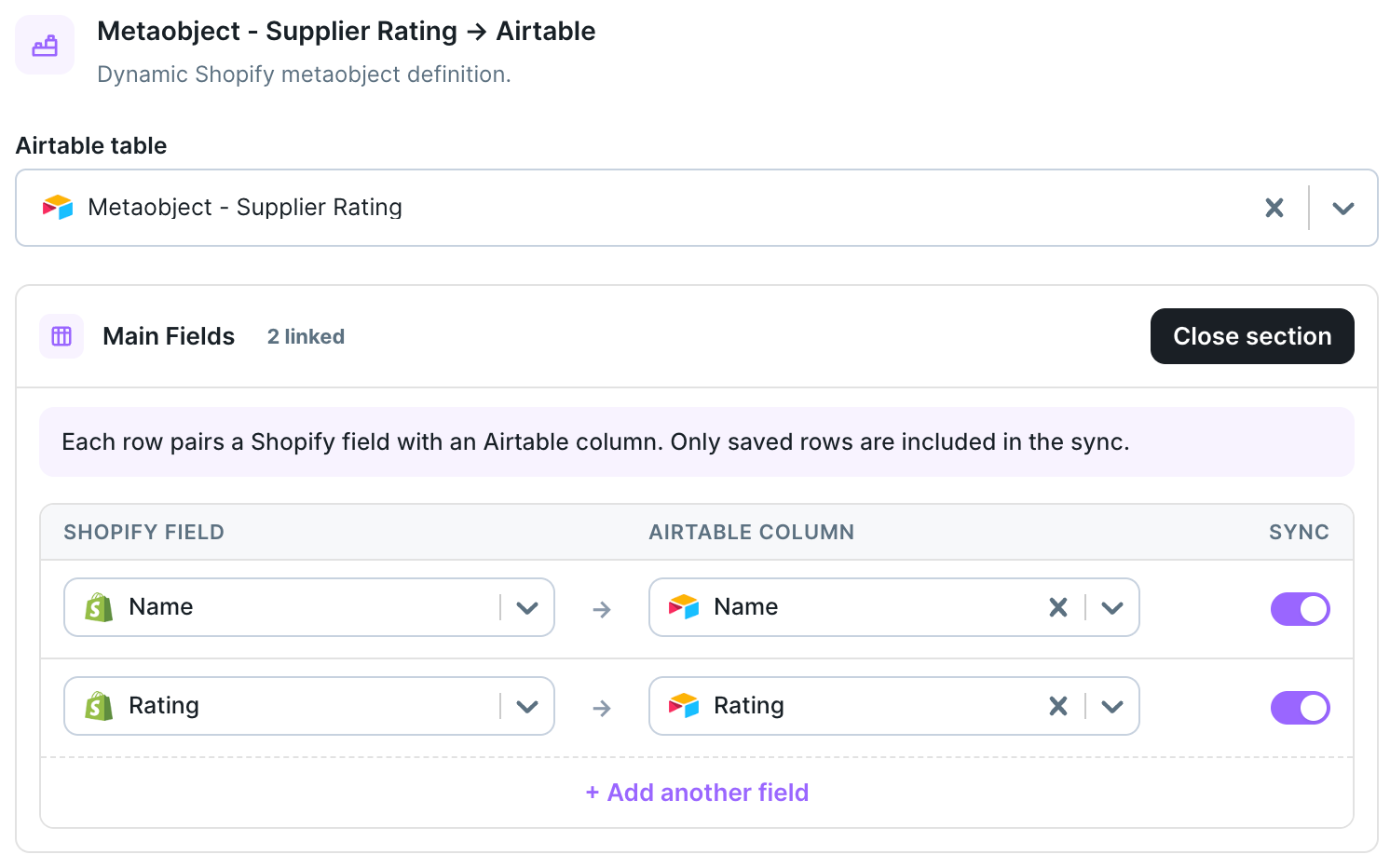 Metaobject definition mapped to an Airtable table with its fields paired to Airtable columns in the Main Fields pane