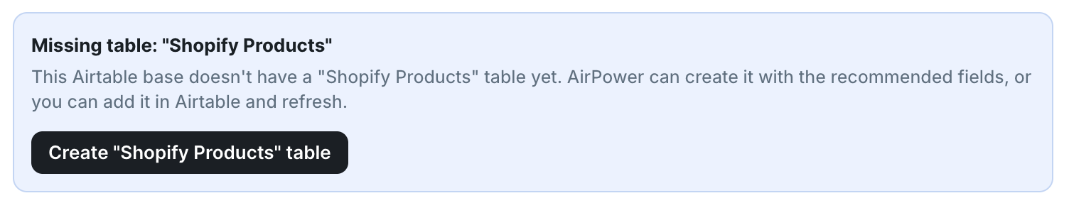 Missing table message in the sync editor with a Create table button