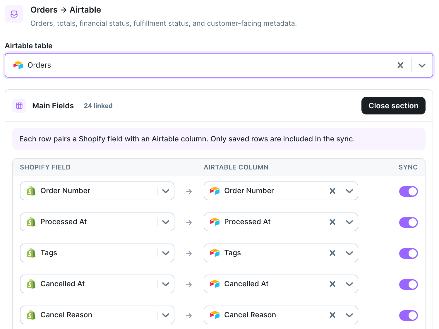 Orders Main Fields mapping pairing Shopify order fields with Airtable columns