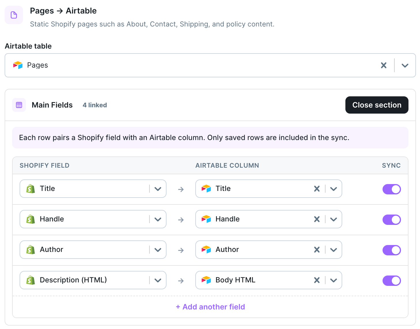 Pages Main Fields mapping pairing Shopify page fields with Airtable columns