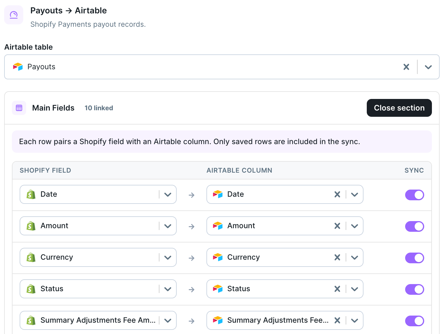 Payouts Main Fields mapping pairing Shopify payout fields with Airtable columns