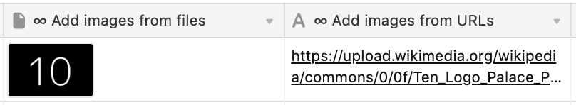 Airtable grid columns Add images from files and Add images from URLs with an attachment thumbnail and a Wikimedia URL