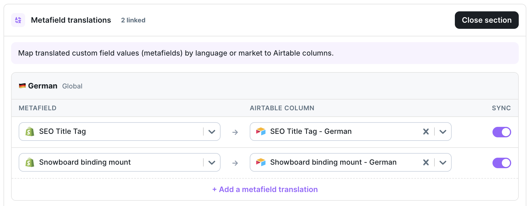 Metafield translations pane with a German card mapping Shopify metafields to Airtable columns