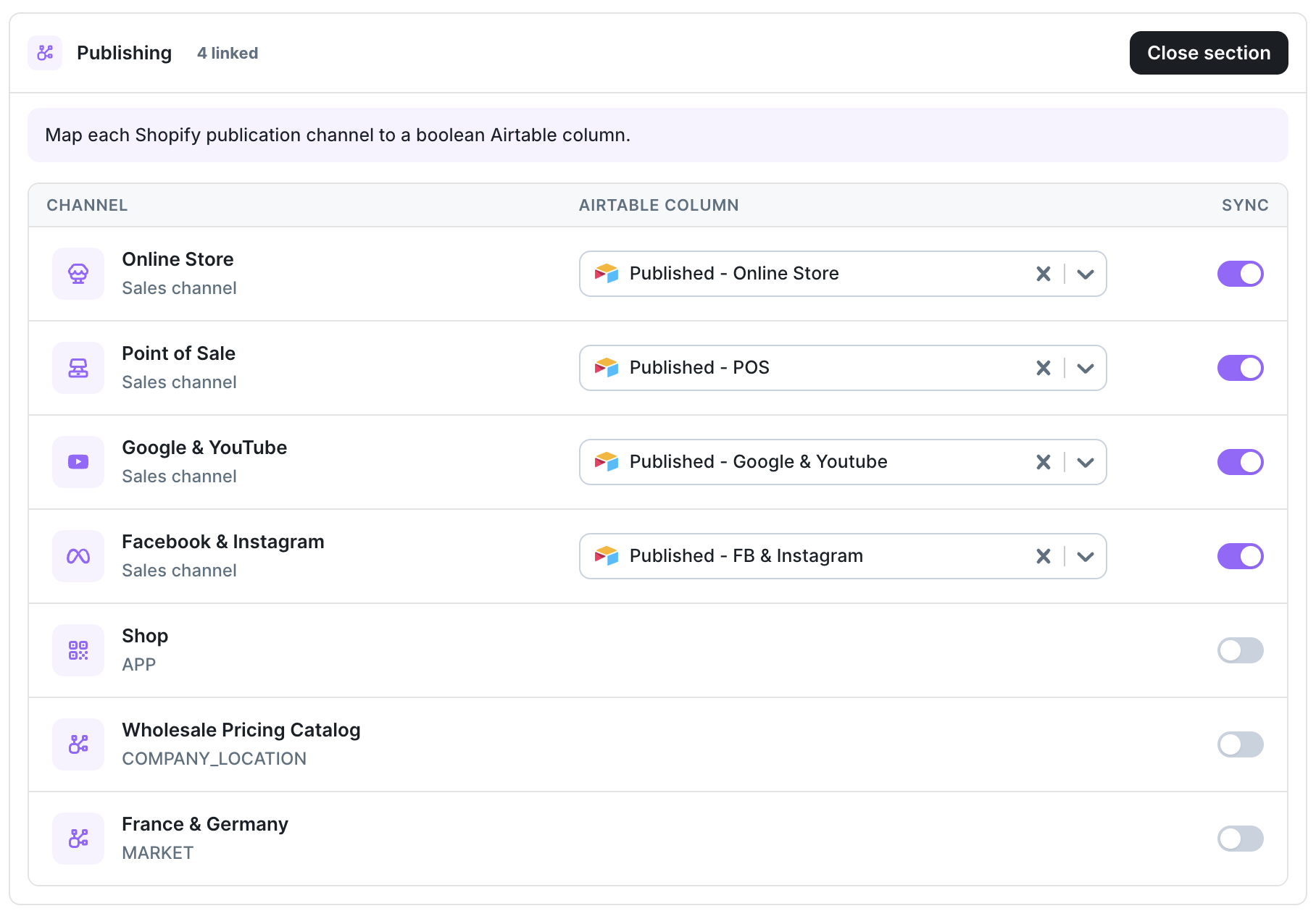 Publishing pane mapping Shopify sales channels to Airtable checkbox columns