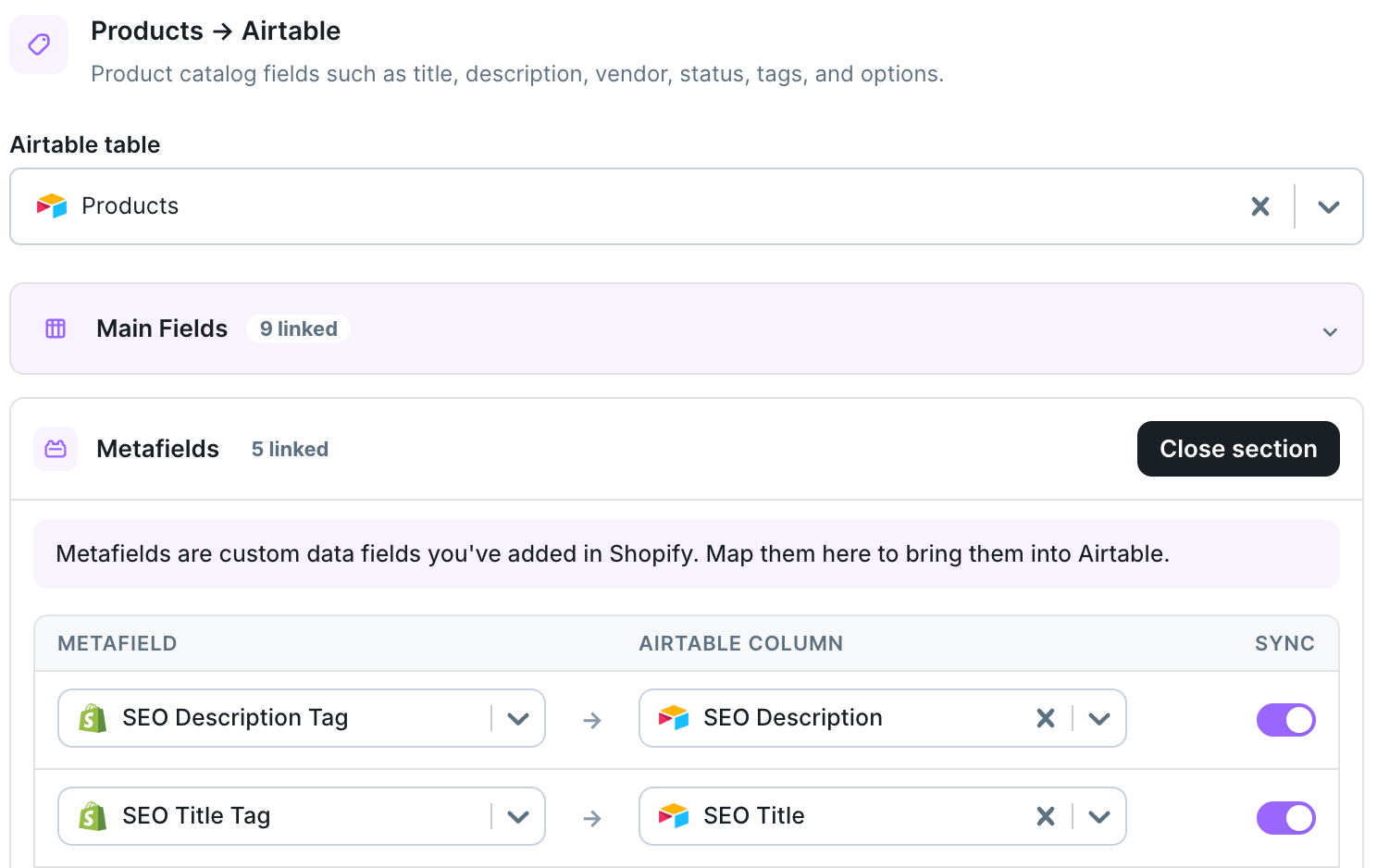Products to Airtable mapping screen with Metafields rows for SEO Description Tag and SEO Title Tag mapped to Airtable columns