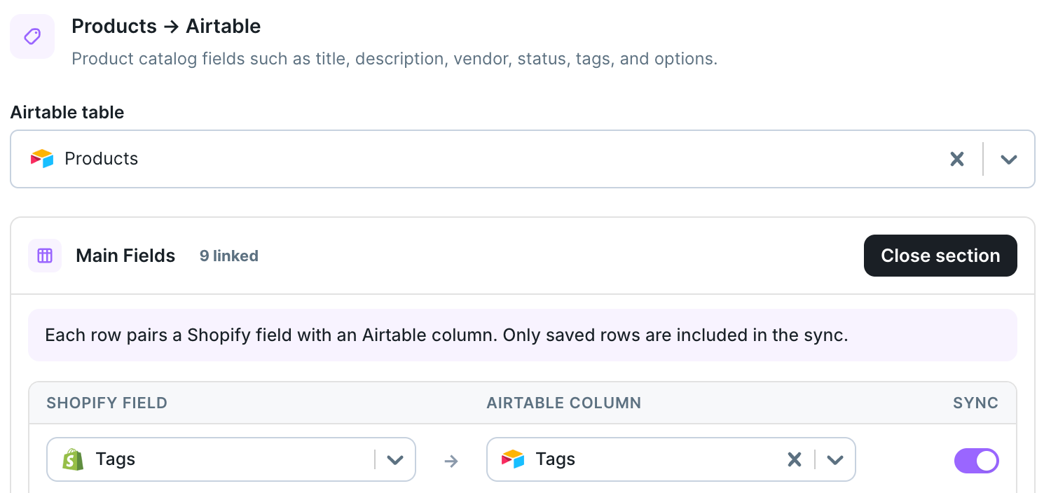 Products Main Fields mapping with the Shopify Tags field mapped to an Airtable Tags column