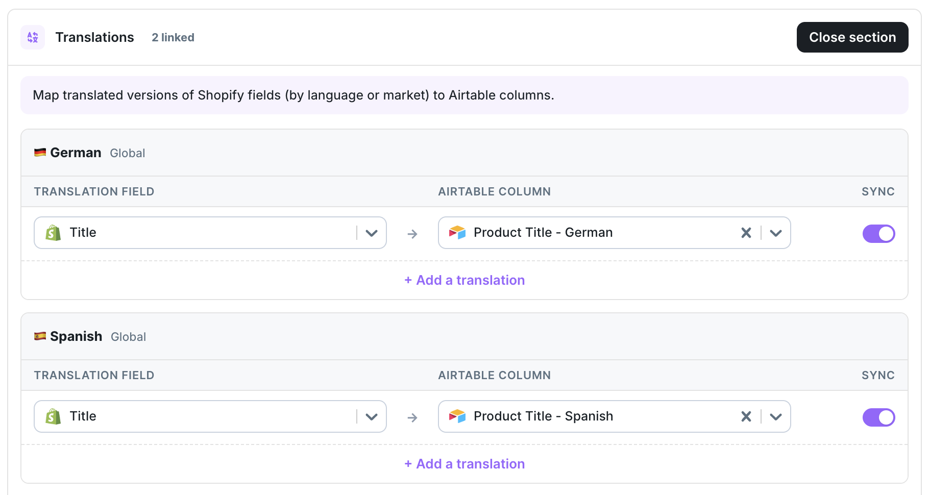 Translations pane mapping German and Spanish product titles to Airtable columns