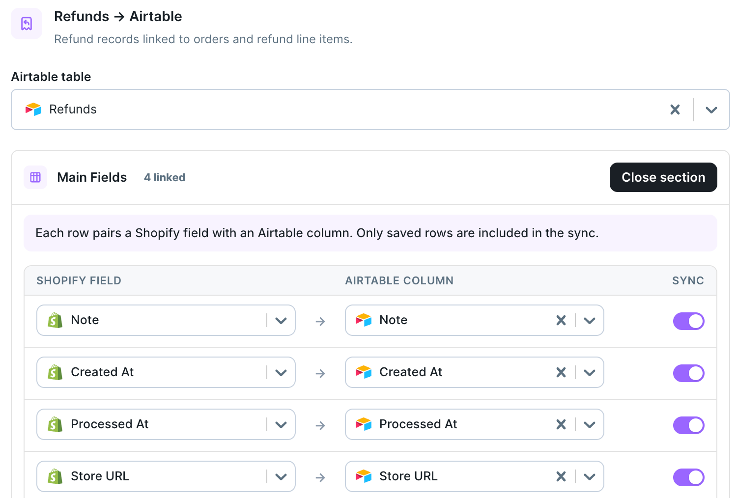 Refunds Main Fields mapping pairing Shopify refund fields with Airtable columns