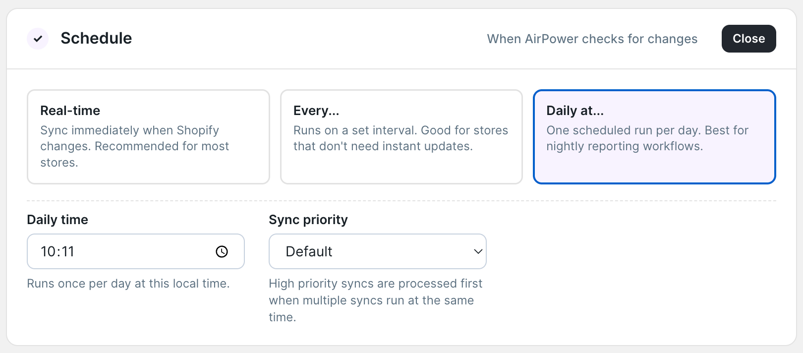 Schedule section with the Daily at option selected, showing the daily time picker