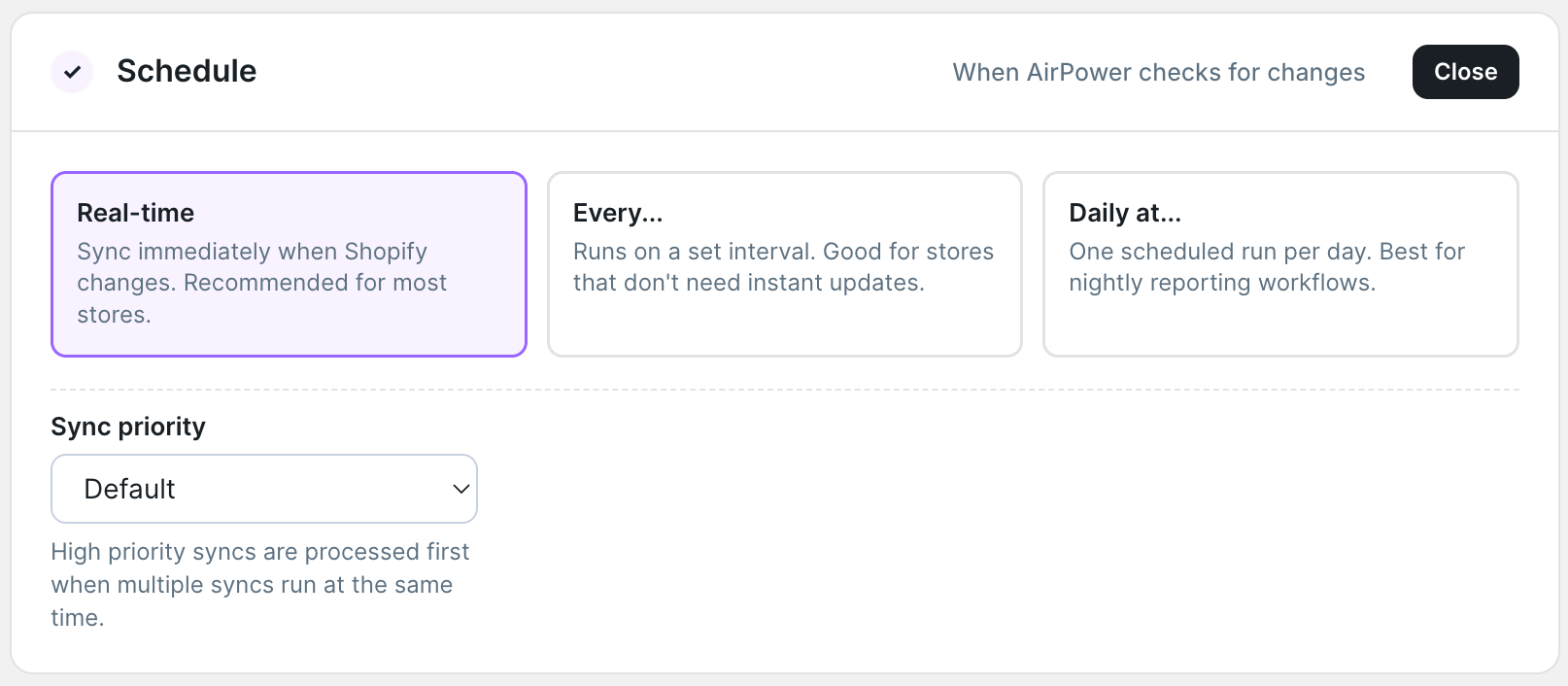 Schedule section with Real-time, Every, and Daily at options and a sync priority selector