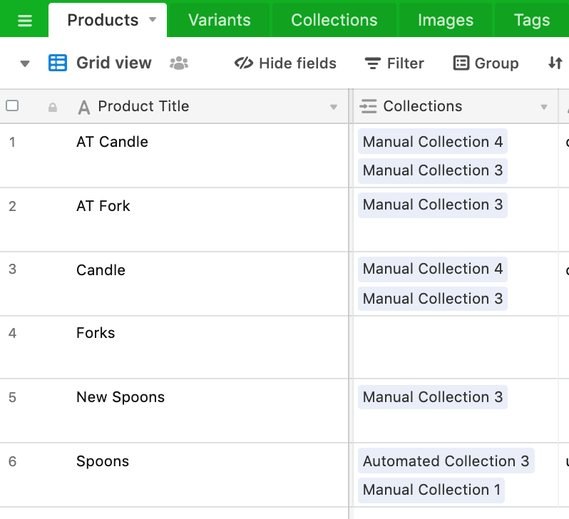 Airtable Products grid with Product Title rows and Collections linked-record pills such as Manual Collection 3 and Manual Collection 4