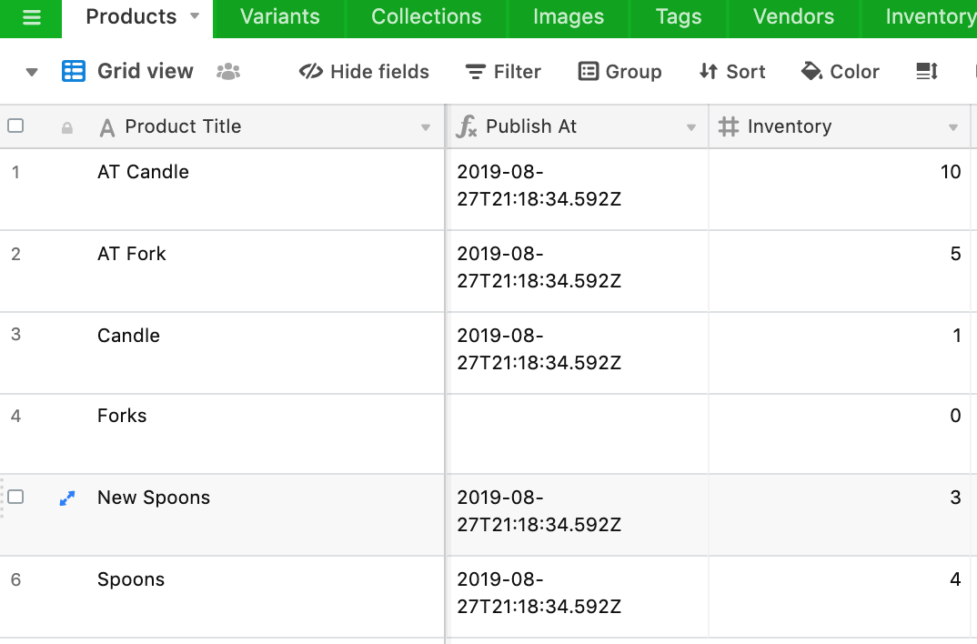 Publishing pane mapping the Online Store channel to an inventory formula column in Airtable
