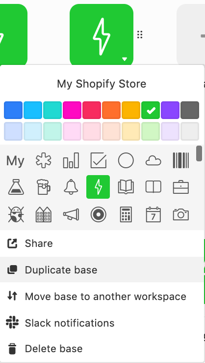 Airtable base menu for My Shopify Store with Duplicate base highlighted