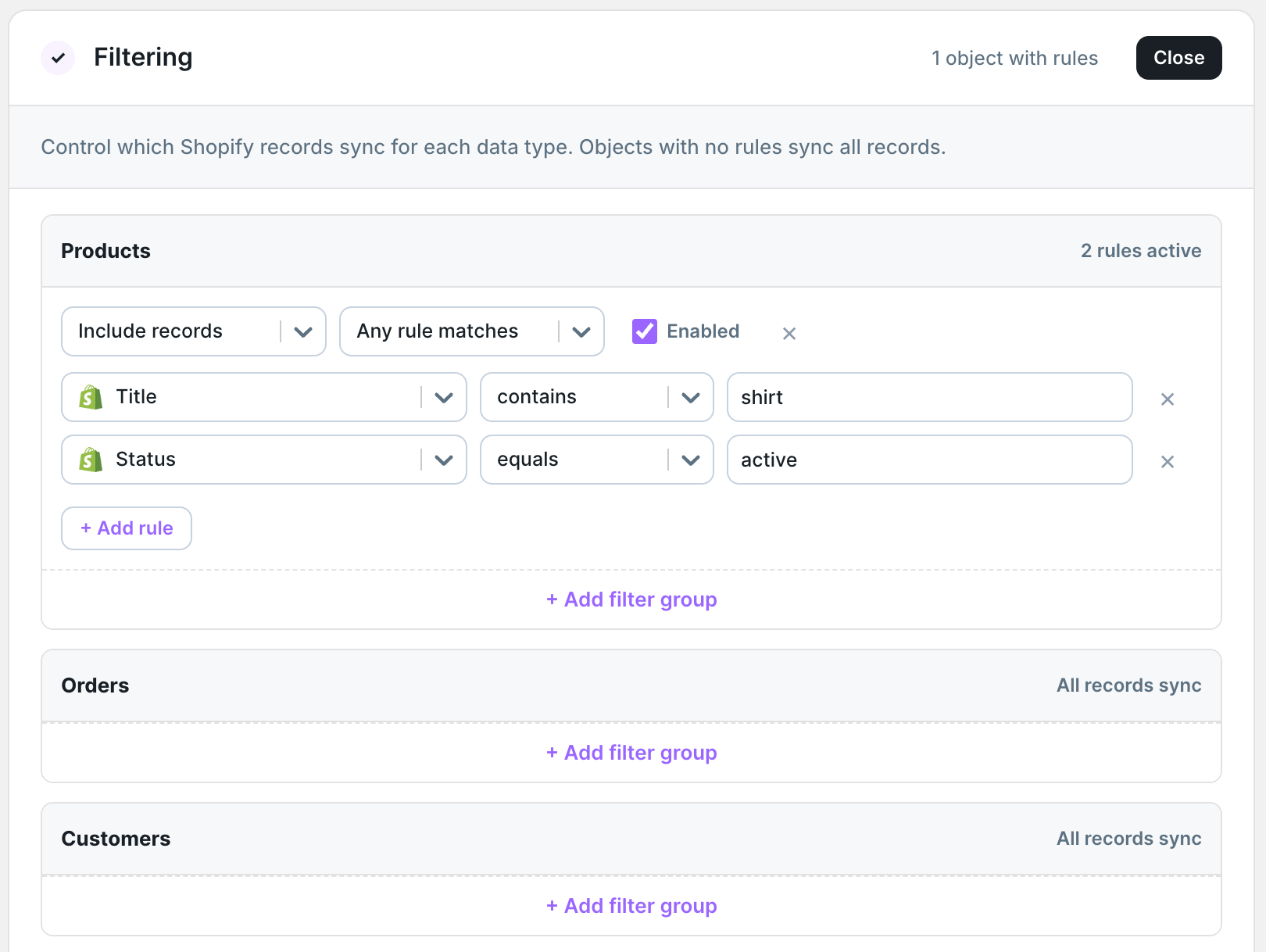 Filtering section with a Products card set to include records matching two rules, and Orders and Customers cards syncing all records