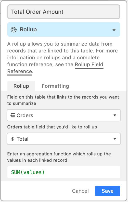 Airtable field editor for Total Order Amount using a Rollup from Orders to Total with SUM(values)