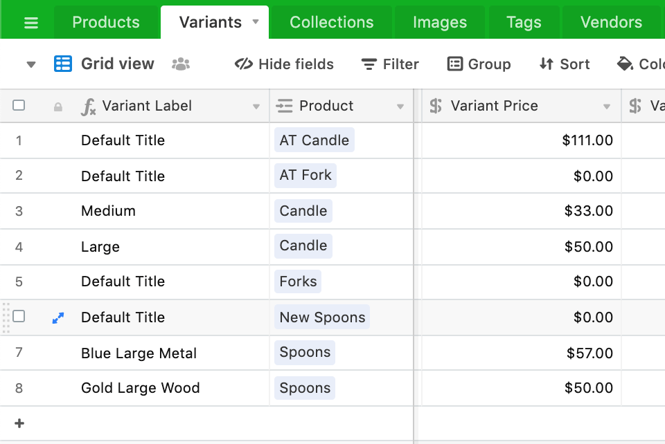 Airtable Variants grid showing Variant Price values for products like AT Candle, Candle, and Spoons