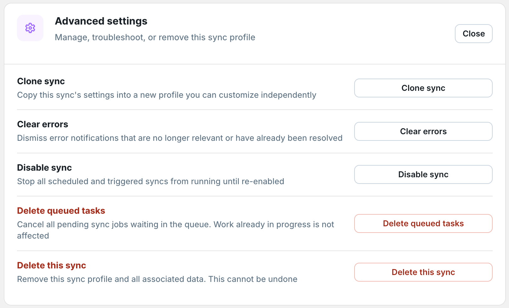Advanced settings section with Clone sync, Clear errors, Disable sync, Delete queued tasks, and Delete this sync actions
