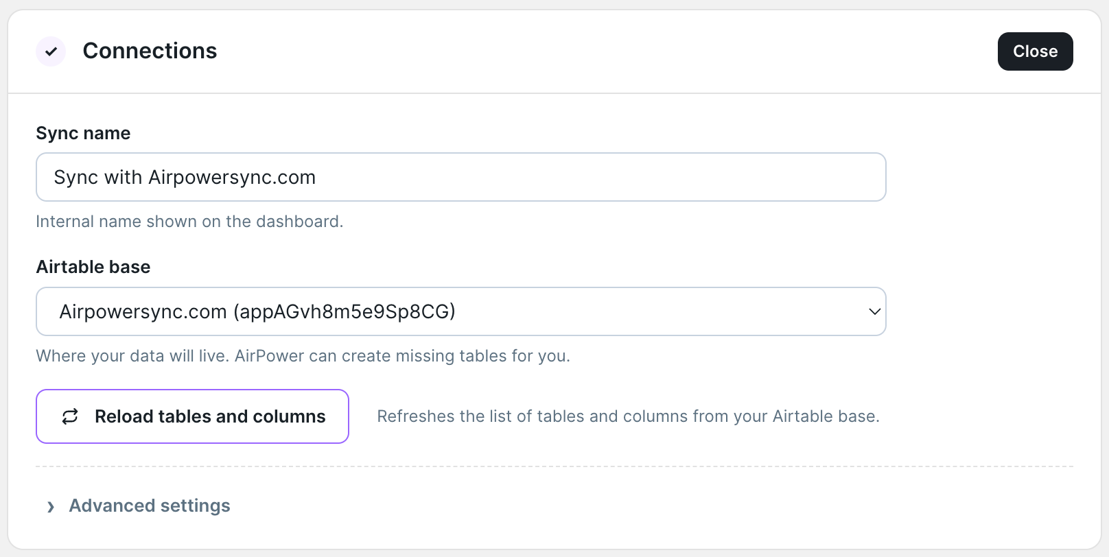 Connections section with the sync name field, Airtable base selector, and Reload tables and columns button