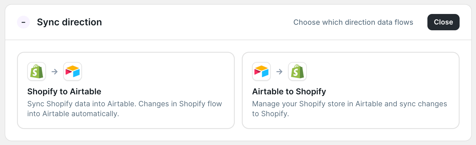Sync direction section with Shopify to Airtable and Airtable to Shopify options