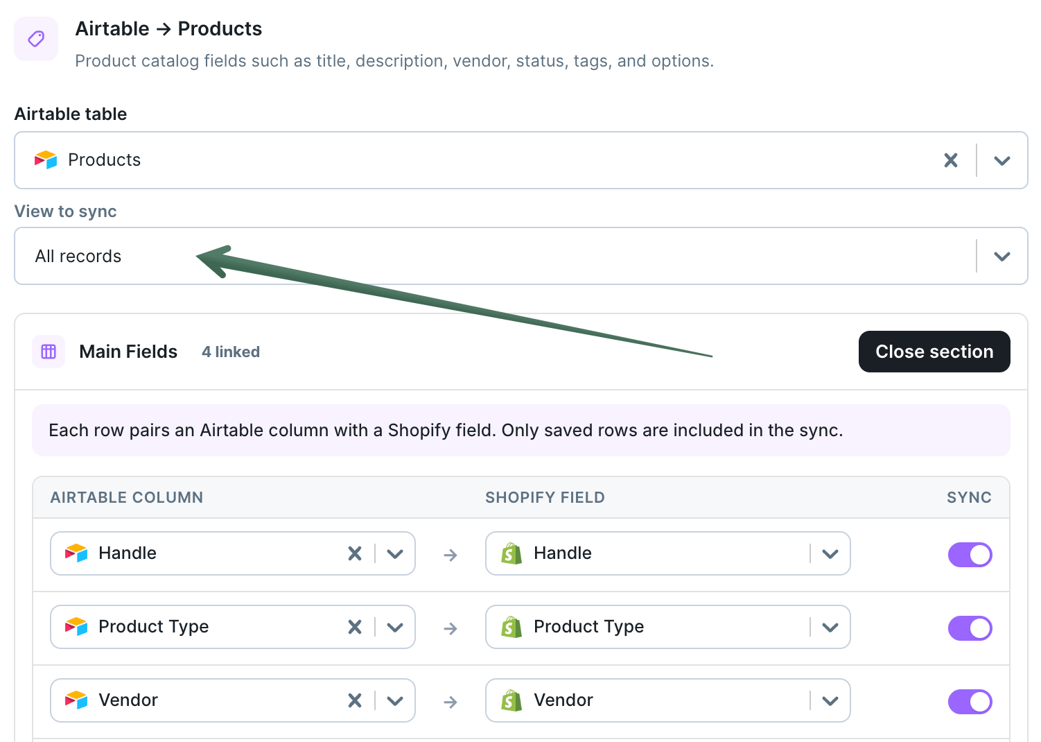 Airtable to Products mapping screen with the View to sync dropdown set to All records and a green arrow pointing at it