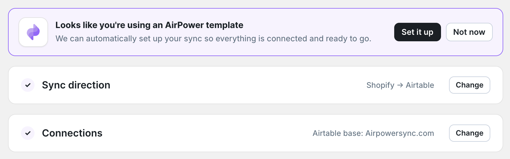 AirPower template auto-detection prompt at the top of the sync editor with Set it up and Not now buttons